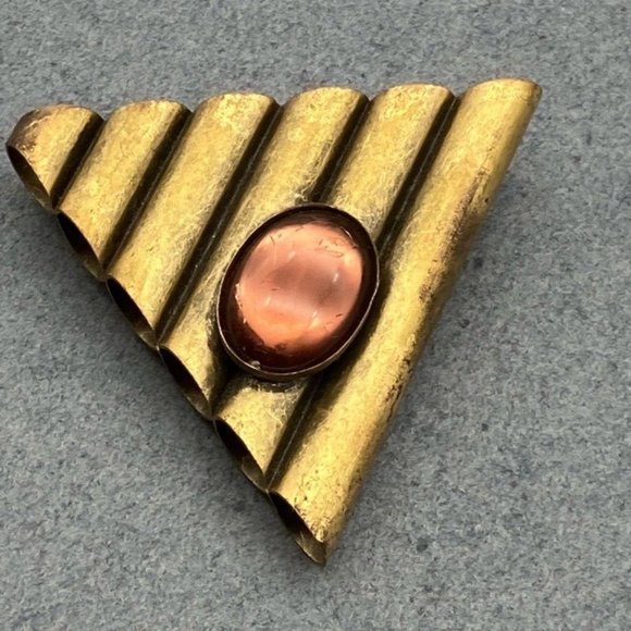 Brass Pin Brooch Tubes Triangle Red Oval Rhinestone 80s Retro MCM Vintage Granny - Picture 3 of 6